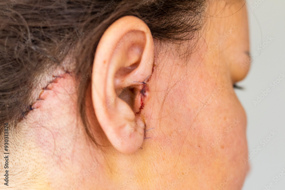 Naklejka premium Shot of the stitches and scars on woman head after cosmetic surgery. Healthcare