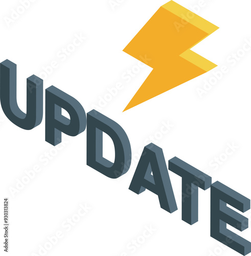 Lightning bolt is flashing over a 3d isometric update text, symbolizing a sudden software update