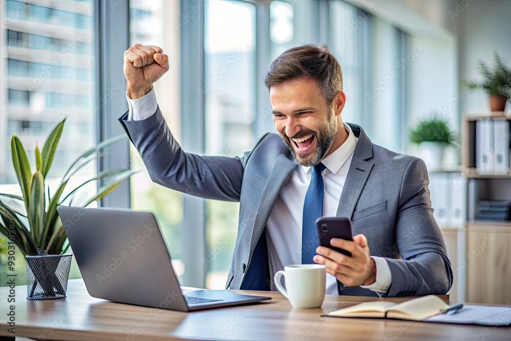 Joyful businessman sits at desk, gazing at phone screen with delight, hand raised in triumphant gesture, celebrating good news in a modern office setting. Joyful businessman sits at desk, gazing at phone screen with delight, hand raised in triumphant gesture, celebrating good news in a modern office setting.
