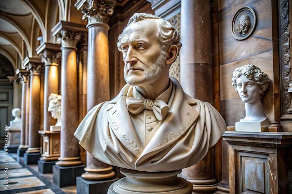 Obraz premium Elegant marble bust of a 19th-century gentleman sits atop a pedestal in a grand, high-ceilinged museum gallery with ornate columns and intricate stonework details.