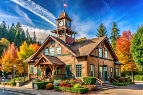 Charming wooden Index Town Hall building stands amidst lush greenery in the quaint Snohomish County community of Index, Washington, on a sunny autumn day. photo