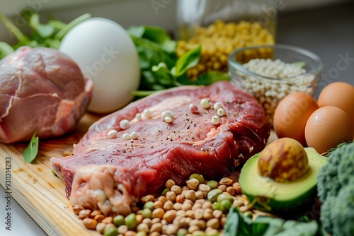 A variety of fresh ingredients including meat, eggs, and vegetables arranged for cooking.