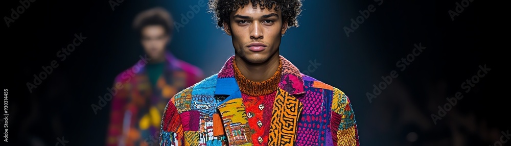Obraz premium Smart Man model on a runway wearing a vibrant patchwork outfit, blending bold colors and intricate patterns, spotlight highlighting the look