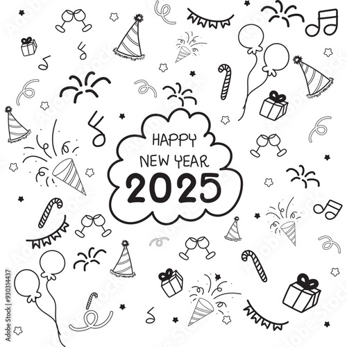 Happy New year 2025, Set New year party elements doodle in black isolated over white background.