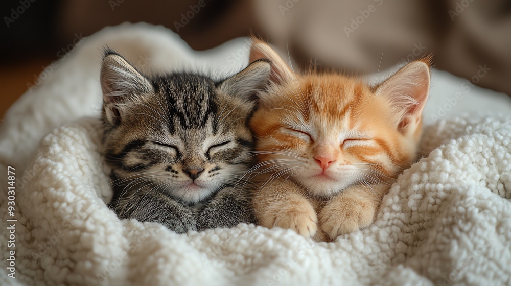 Two kittens cuddling on a soft white blanket, closeup, warm natural light, cozy and tender atmosphere Two kittens cuddling on a soft white blanket, closeup, warm natural light, cozy and tender atmosphere