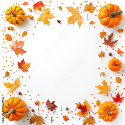 Autumn decor from pumpkins and leaves on white white background. Concept of Thanksgiving day or Halloween. Flat lay autumn composition with copy space