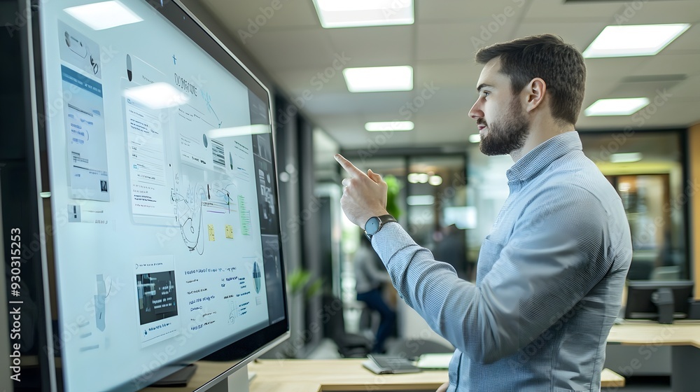 Office worker brainstorming on a large interactive touchscreen in a tech-driven work environment Office worker brainstorming on a large interactive touchscreen in a tech-driven work environment