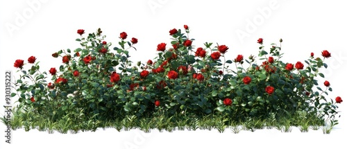 Plants and red flowers isolated on white background. Flower bed for garden design. Luxurious foliage of green bushes and shrubs. Red roses