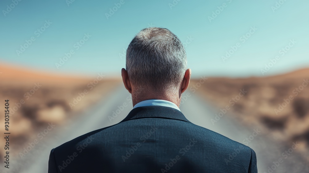 An older man in a suit stands facing an open road that stretches through the desert, evoking themes of journey, solitude, and introspection. An older man in a suit stands facing an open road that stretches through the desert, evoking themes of journey, solitude, and introspection.