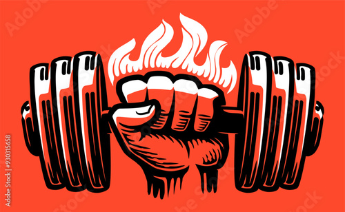 Strong hand lifting up steel dumbbell. Fist with heavy barbell emblem. Weight lifting, gym emblem logo