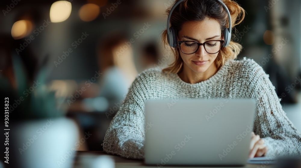 A woman with glasses and headphones intently focuses on her laptop. The scene takes place in a warm, inviting indoor setting with a hint of blurred background figures. A woman with glasses and headphones intently focuses on her laptop. The scene takes place in a warm, inviting indoor setting with a hint of blurred background figures.