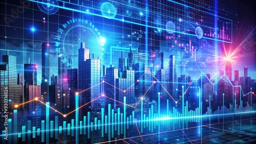 Panoramic futuristic digital background with glowing circuits, graphs, and charts, representing cutting-edge business data analysis and intelligent financial research for informed investment 