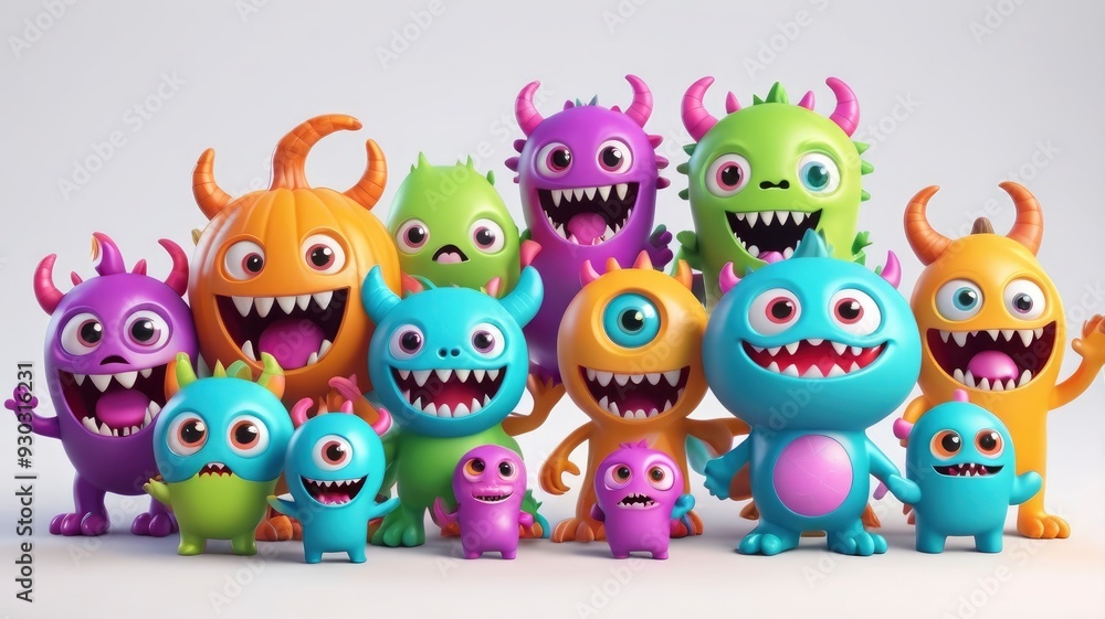 Naklejka premium Adorable 3D Halloween monster set with colorful, kawaii baby characters, complete with funny eyes, teeth, and hands up on white background