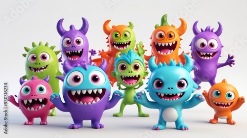 Adorable 3D Halloween monster set with colorful, kawaii baby characters, complete with funny eyes, teeth, and hands up on white background