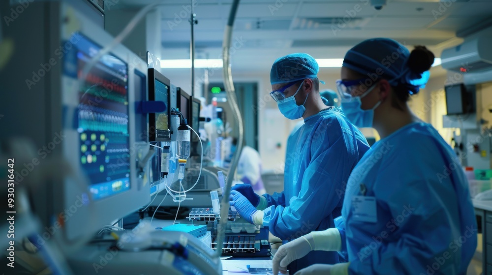 A doctor or an engineer testing a newly designed medical device in a hospital lab. A doctor or an engineer testing a newly designed medical device in a hospital lab.