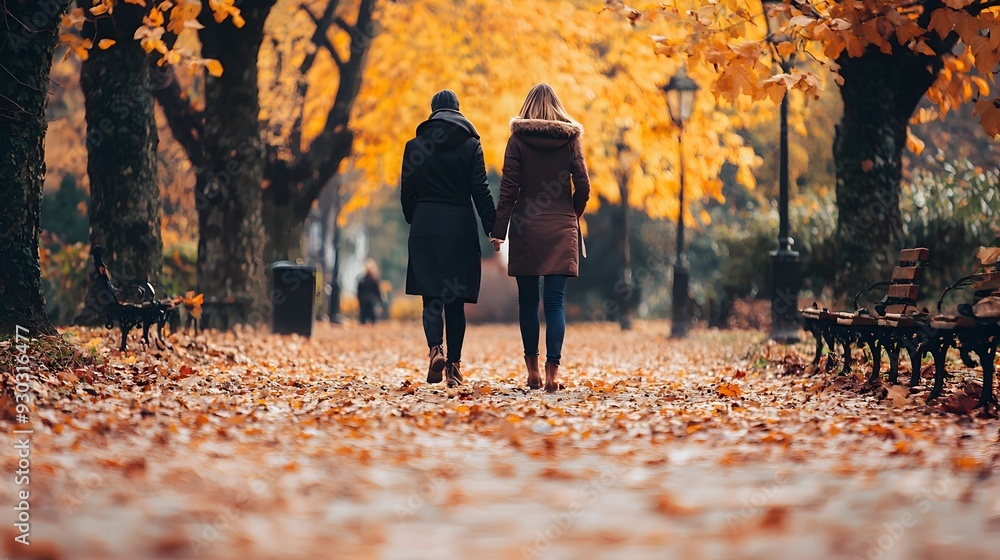 Friends Strolling Through Autumn Park With Falling Leaves Enjoying Peaceful Companionship Friends Strolling Through Autumn Park With Falling Leaves Enjoying Peaceful Companionship