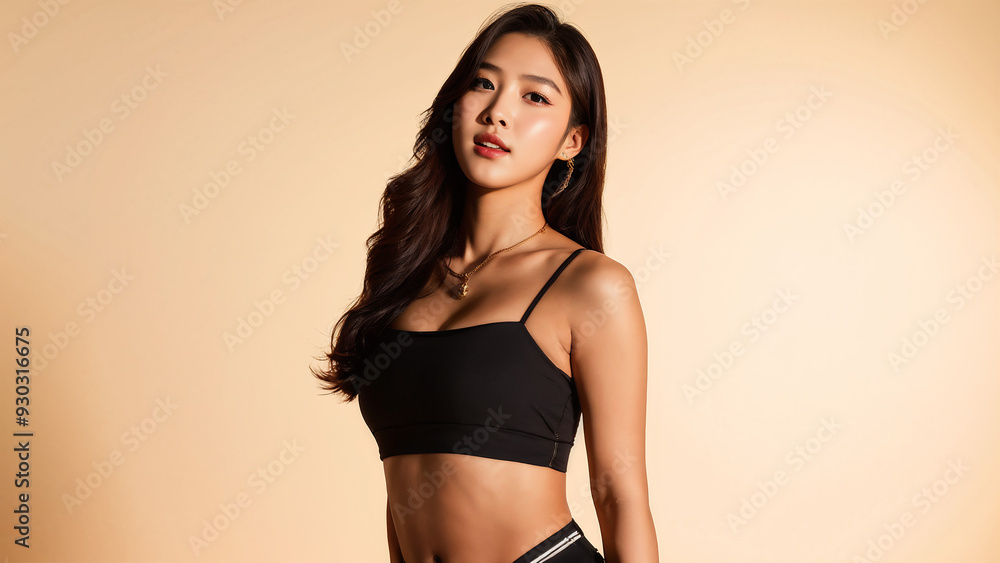 Korean girl with perfect body and flat belly on beige studio background, healthy body woman in bikini Korean girl with perfect body and flat belly on beige studio background, healthy body woman in bikini
