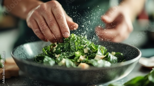 A person’s hand is seen sprinkling seasoning over a freshly prepared vibrant salad, capturing the essence of culinary art, freshness, and the enjoyable experience of food preparation.