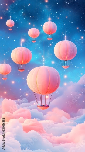 Pink Hot Air Balloons Flying Through Dreamy Sky.