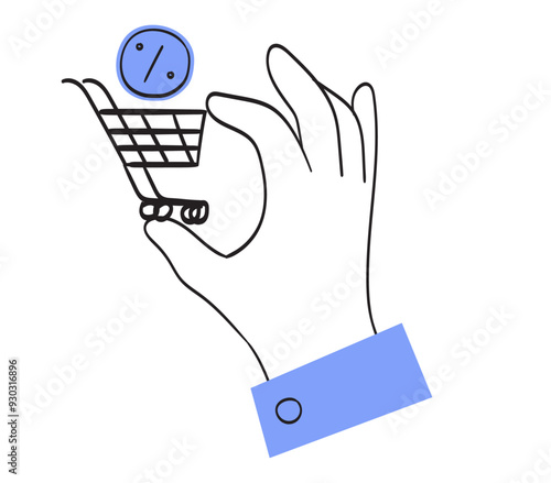 Hand hold shopping cart with discount percentage sign or icon. Trendy line or outline doodle illustration for sale promotion in simple contemporary ink style for ads, web or social media banner.