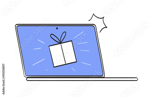 Gift box with voucher or coupon on laptop screen. Shopping discount certificate for customers concept. Vector illustration in simple doodle line or outline style for sale promotion campaign banner.