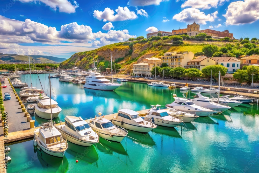 Fototapeta premium Luxury yachts and motorboats docked in picturesque Marina di Ragusa port, Sicily, on a sunny Mediterranean day, surrounded by lush green hills and clear blue waters.