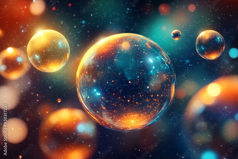 3D rendered scene of glowing orbs and molecules symbolizing concepts in quantum physics and cosmology 3D rendered scene of glowing orbs and molecules symbolizing concepts in quantum physics and cosmology