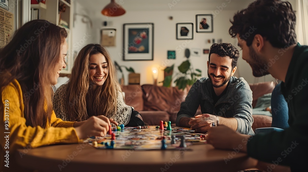 Fototapeta premium Friends Enjoying Board Game Night in Cozy Living Room
