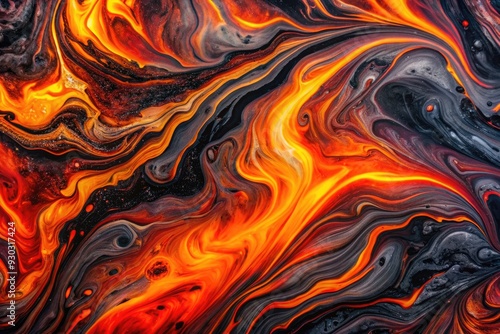 Vibrant, swirling mixture of paint pigments creates a mesmerizing, abstract backdrop with fiery, lava-inspired patterns, black textured accents, and a dynamic, flowing marble effect. photo