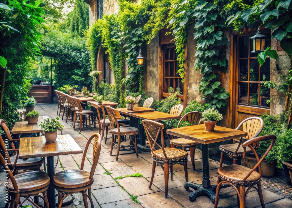 Fototapeta premium Vintage-inspired outdoor cafe terrace with distressed wooden chairs and tables, surrounded by lush greenery, offering a cozy and intimate atmosphere with ample copy space.