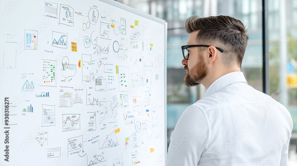 Fototapeta premium Experienced businessman in a large corporate office, standing by a white board with an elaborate business plan and strategic mind map, planning for future growth