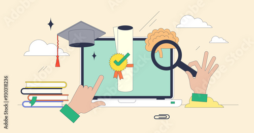 Online psychology degrees with professional diploma tiny neubrutalism concept. Psychologist occupation certificate from e-learning studies vector illustration. Professional psychotherapist graduation