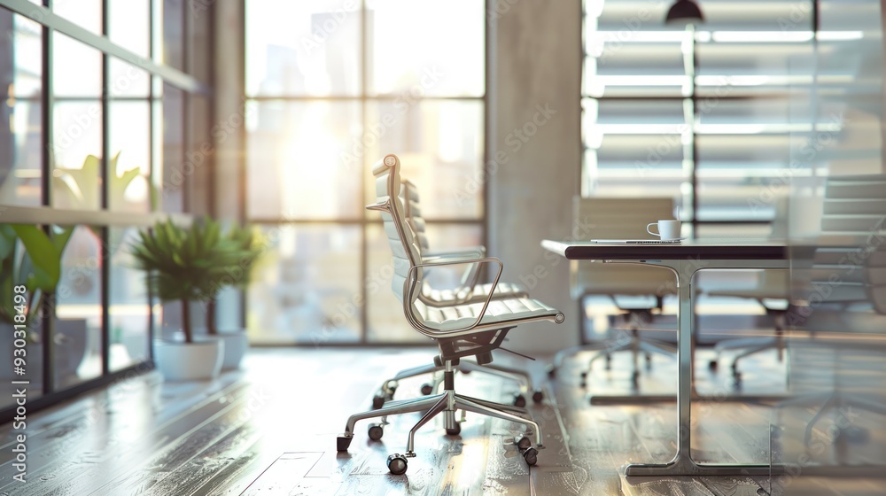 Obraz premium Modern Office Interior with Sunlight Streaming Through Windows