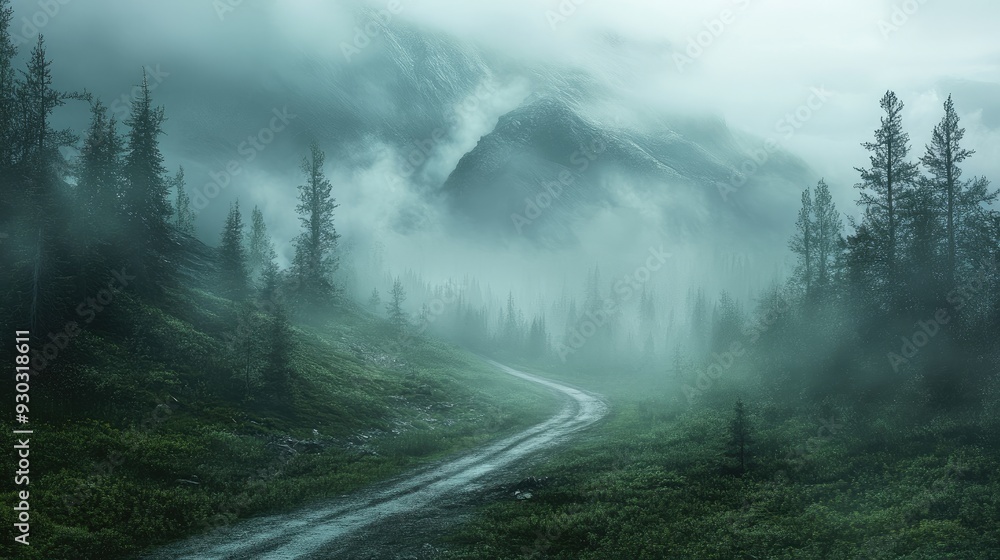 A winding road through a foggy forest. Ideal for themes of mystery, adventure, and nature. A winding road through a foggy forest. Ideal for themes of mystery, adventure, and nature.
