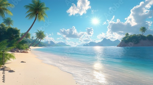 Wallpaper Mural A serene beach scene with palm trees, clear water, and a bright sky. Torontodigital.ca