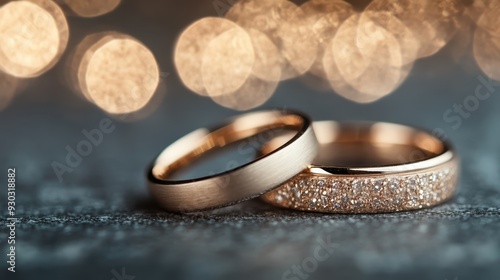 Two beautifully crafted wedding rings, one golden and the other encrusted with diamonds, set against a sparkling, blurred backdrop, symbolizing love, commitment, and eternal bonds. photo