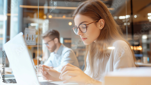 Female professional explaining business plan to colleagues seen through glass at coworking office 