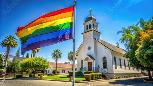 Vibrant rainbow pride flag waves proudly in front of a historic Episcopal church in Monrovia, California, symbolizing love, diversity, and inclusive community spirit. photo