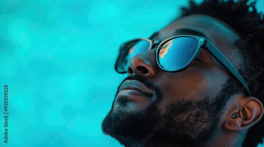 Close-up side view of a man with black hair and sunglasses, standing by a bright blue swimming pool. The vibrant background highlights the serene water. Close-up side view of a man with black hair and sunglasses, standing by a bright blue swimming pool. The vibrant background highlights the serene water.