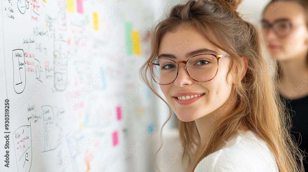 Female student explaining business strategy to colleague on whiteboard in university Female student explaining business strategy to colleague on whiteboard in university