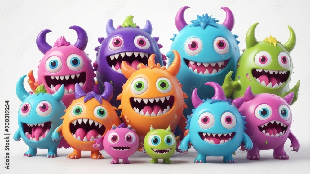 Cute and scary 3D kawaii monsters for Halloween, featuring colorful characters with funny eyes, teeth, and tongues on a white background Cute and scary 3D kawaii monsters for Halloween, featuring colorful characters with funny eyes, teeth, and tongues on a white background