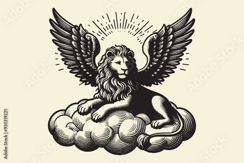 A winged flying lion rests on a cloud. vintage black and white engraving vector isolated illustration, cut out, woodcut. Print, tattoo