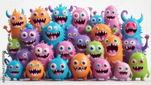 Cute and scary 3D kawaii monsters for Halloween, featuring colorful characters with funny eyes, teeth, and tongues on a white background 