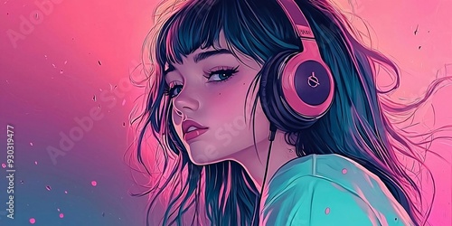 Beautiful anime girl listening to lofi hip hop music with headphones. Manga, cartoon drawing. Finest generative AI