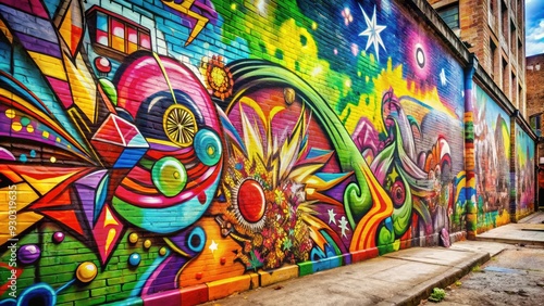 Vibrant urban graffiti artwork featuring bright aerosol outlines and colorful patterns on a distressed wall, capturing the essence of contemporary street art and youth culture.