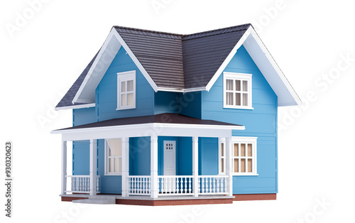 Modern Blue House with White Trim: Cozy Family Home, Perfect for Real Estate, Architecture, and Design Projects. PNG, Transparent Background. Dream Home & Real Estate 