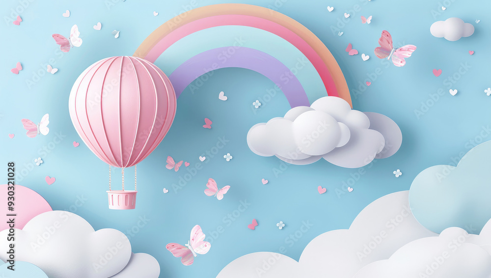 3D paper cut style, pastel-colored background with a rainbow and clouds in the sky, a hot air balloon flying among them