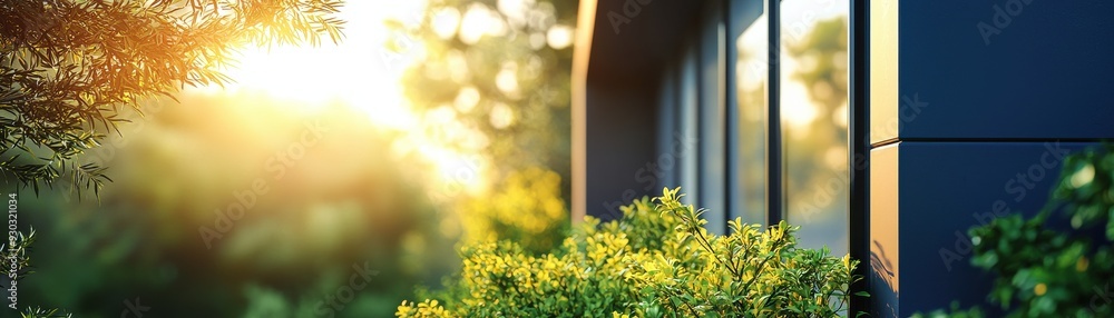 Fototapeta premium Sunlight beams through greenery, highlighting modern architecture, creating a serene and vibrant atmosphere for urban living.