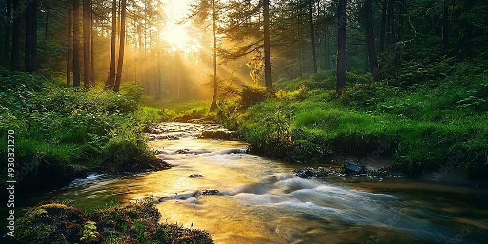 Fototapeta premium Forest creek in warm sunlight. Generative AI