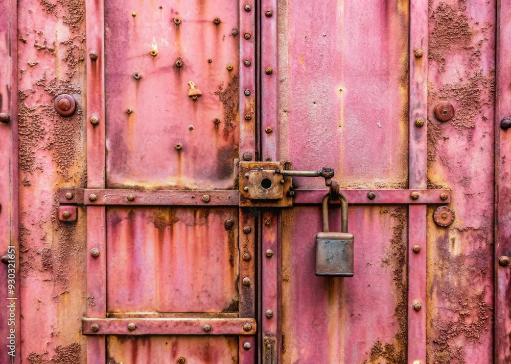 Weathered pink metal door with rusty lock and window, featuring a vintage industrial iron sheet metal design, evoking a sense of nostalgia and forgotten history. Weathered pink metal door with rusty lock and window, featuring a vintage industrial iron sheet metal design, evoking a sense of nostalgia and forgotten history.